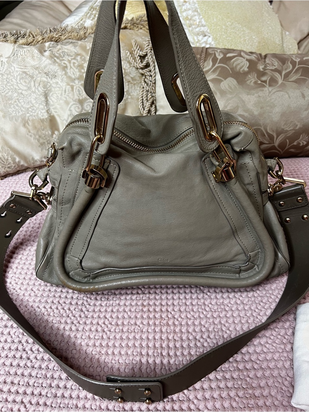 Chloé Paraty Medium Gray Leather Satchel Shoulder Bag + Dust Bag
